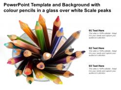 Powerpoint template background with colour pencils in a glass over white scale peaks