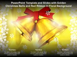 Powerpoint template slides with golden christmas bells and red ribbon in floral background