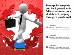 Powerpoint template with 3d businessman on a skateboard jumping through a puzzle wall