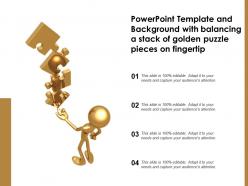 Powerpoint template with balancing a stack of golden puzzle pieces on fingertip