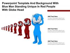 Powerpoint template with blue man standing unique in red people with globe head