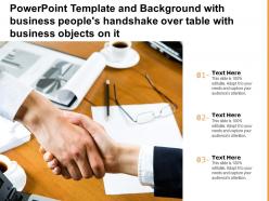 Powerpoint template with business peoples handshake over table with business objects on it