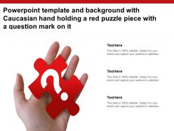 Powerpoint template with caucasian hand holding a red puzzle piece with a question mark on it