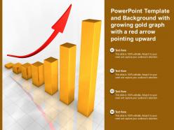 Powerpoint template with growing gold graph with a red arrow pointing upward