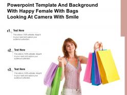 Powerpoint template with happy female with bags looking at camera with smile
