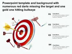 Powerpoint template with numerous red darts missing the target and one gold one hitting bullseye