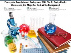 Powerpoint template with pile of books flasks microscope and magnifier on a white background