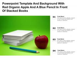 Powerpoint template with red organic apple and a blue pencil in front of stacked books