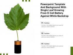 Powerpoint template with single leaf growing from d cell battery against white backdrop