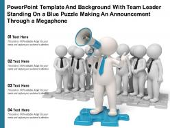 Powerpoint template with team leader standing on a blue puzzle making an announcement through a megaphone