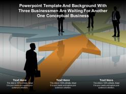 Powerpoint template with three businessmen are waiting for another one conceptual business