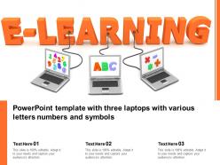 Powerpoint template with three laptops with various letters numbers and symbols on screen