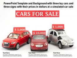 Powerpoint template with three toy cars and three signs with their prices in dollars at a simulated car sale