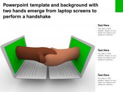 Powerpoint template with two hands emerge from laptop screens to perform a handshake