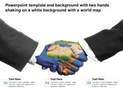 Powerpoint template with two hands shaking on a white background with a world map