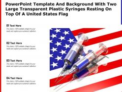 Powerpoint template with two large transparent plastic syringes resting on top of a united states flag