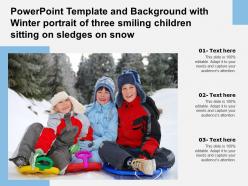 Powerpoint template with winter portrait of three smiling children sitting on sledges on snow