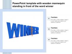 Powerpoint template with wooden mannequin standing in front of the word winner