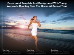 Powerpoint template with young woman is running near the ocean at sunset time