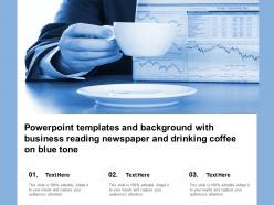 Powerpoint templates with business reading newspaper and drinking coffee on blue tone