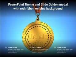 Powerpoint theme and slide golden medal with red ribbon on blue background