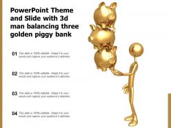 Powerpoint theme and slide with 3d man balancing three golden piggy bank