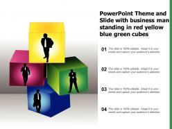 Powerpoint theme and slide with business man standing in red yellow blue green cubes