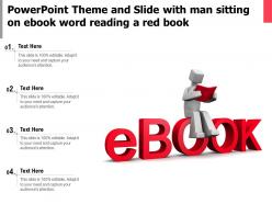 Powerpoint theme and slide with man sitting on ebook word reading a red book