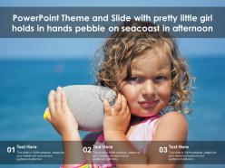 Powerpoint theme and slide with pretty little girl holds in hands pebble on seacoast in afternoon