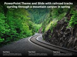 Powerpoint theme and slide with railroad tracks curving through a mountain canyon in spring