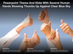 Powerpoint theme and slide with several human hands showing thumbs up against clear blue sky