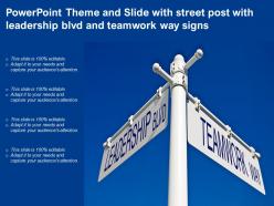 Powerpoint theme and slide with street post with leadership blvd and teamwork way signs