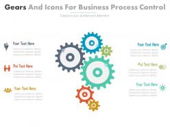 Ppt six gears and icons for business process control flat powerpoint design