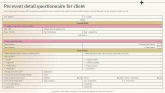 Pre Event Detail Questionnaire For Client Ppt Powerpoint Presentation Professional Brochure
