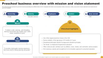 Preschool Business Overview With Mission And Vision Kids School Promotion Plan Strategy SS V