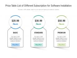 Price table list of different subscription for software installation infographic template