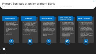Primary Services Of An Investment Bank Investment Banking Pitchbook Selling Operational Forecasts