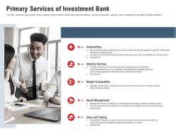 Primary services of investment bank pitchbook for acquisition deal ppt graphics