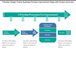 Prioritize design frame business process improvement steps with arrows and icons
