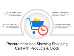 Procurement icon showing shopping cart with products and clock