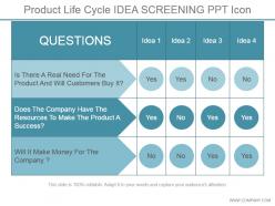 Product life cycle idea screening ppt icon