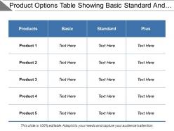 Product Options Table Showing Basic Standard And Plus Comparison
