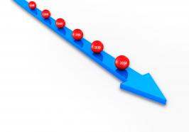 Product roadmap timeline arrow with multiple red balls stock photo