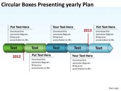 Product roadmap timeline circular boxes presenting yearly plan powerpoint templates slides