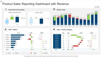 Product sales reporting dashboard snapshot with revenue
