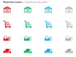 Product warehouse delivery trolley forklift shipping truck ppt icons graphics
