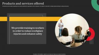 Products And Services Workplace Safety Training Providing Organization Investor Funding Elevator Pitch Deck