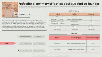 Professional Boutique Start Up Founder Retail Clothing Boutique Business Plan BP SS