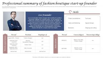 Professional Of Fashion Boutique Start Up Founder Clothing And Fashion Brand Business Plan BP SS