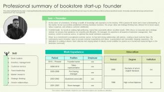 Professional Summary Of Bookstore Start Up Founder Book Shop Business Plan BP SS